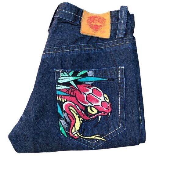 Rare Ed Hardy Embroidered Jeans Size 36 'Snake Bite' - Picture 3 of 15